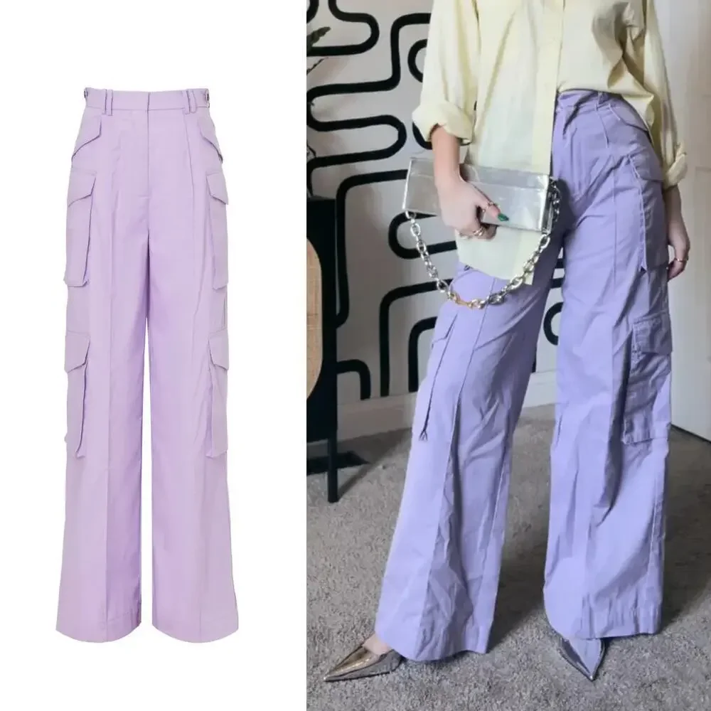 Rokh Utility Trouser Pants Cotton Twill Cargo Pockets Wide Leg Purple Small